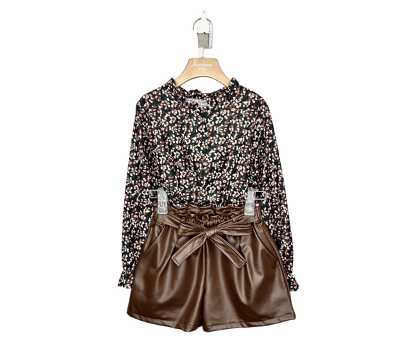 Fashion by Livana | Bloemen blouse met leer broekje bruin