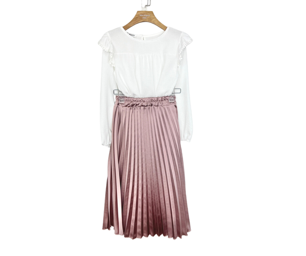 Fashion by Livana | Setje top met satijnen plissé rok middellang wit