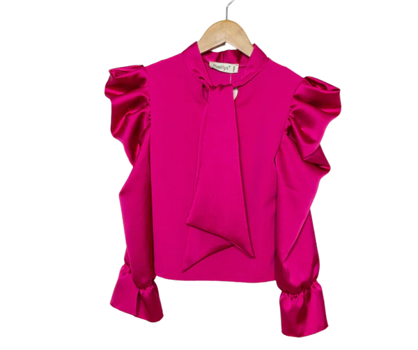 Fashion by Livana | Blouse met pofmouwen en strop felroze