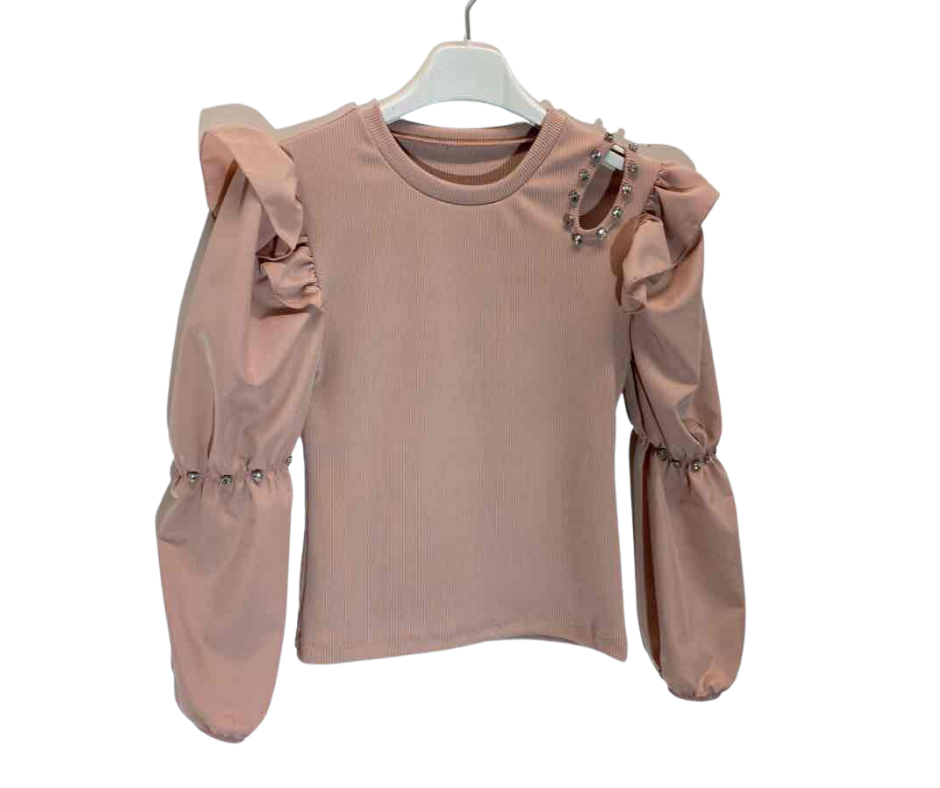 Fashion by Livana | Blouse lichtroze lange mouw met glitterstenen