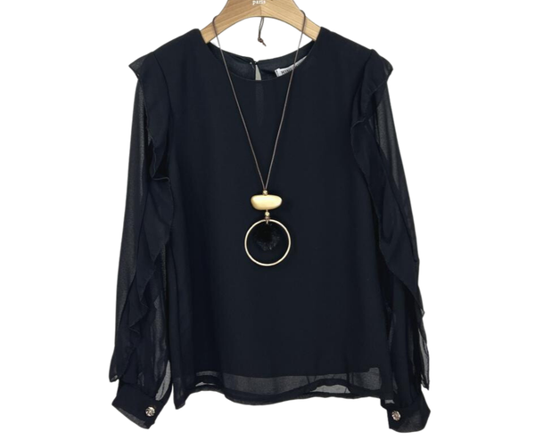 Fashion by Livana | Blouse zwart met ketting
