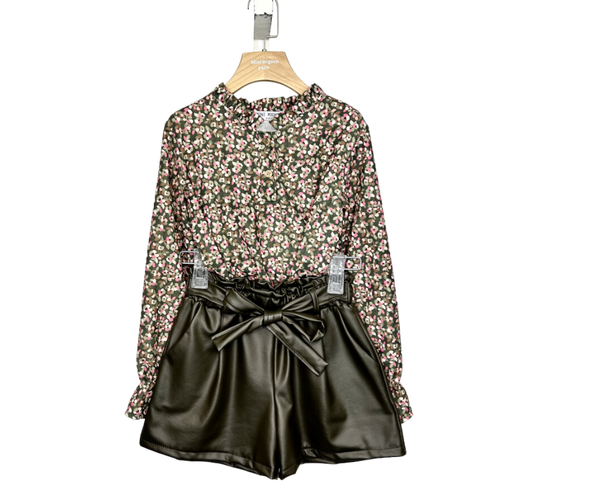 Fashion by Livana | Bloemen blouse met leer broekje zwart